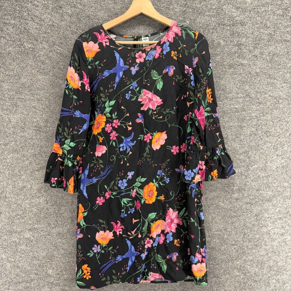 Old Navy Dress Women S Small Black Floral Shift Short Hook & Eye Long Sleeve - Picture 1 of 8
